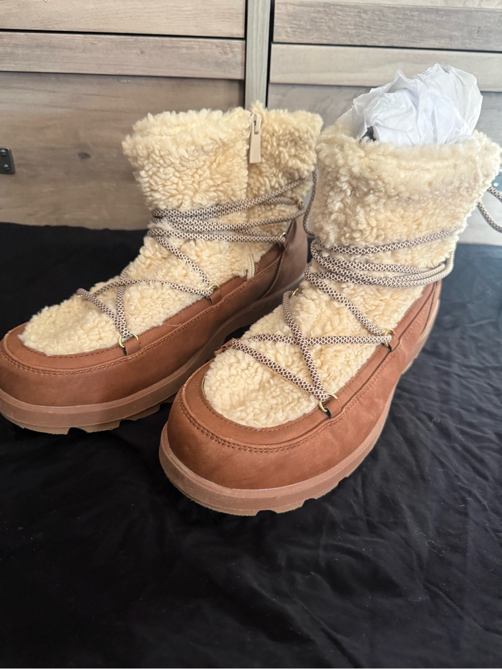 torrid Tan and Cream Shearling-Look Lace-Up Winter Boots